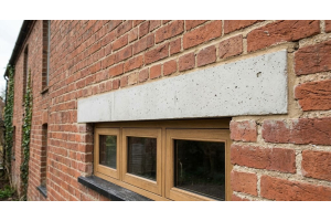 concrete lintel above a window opening in a brick wall
