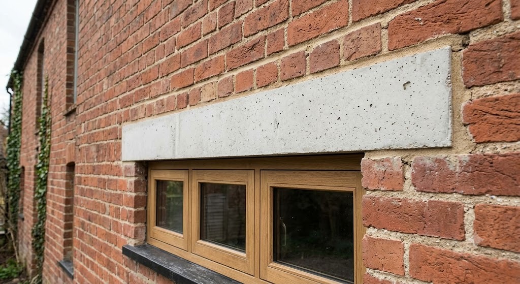 concrete lintel above a window opening in a brick wall